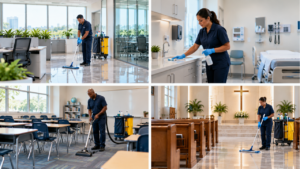 How to Choose a Commercial Cleaning Company for Your Business 3 Professional four-scene commercial cleaning visual showing a corporate office, healthcare clinic, educational facility, and religious facility, each clean and professionally maintained with subtle commercial cleaning activity.